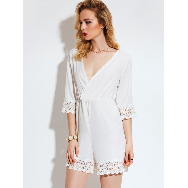 Lace Hem V-Neck Plain Rompers