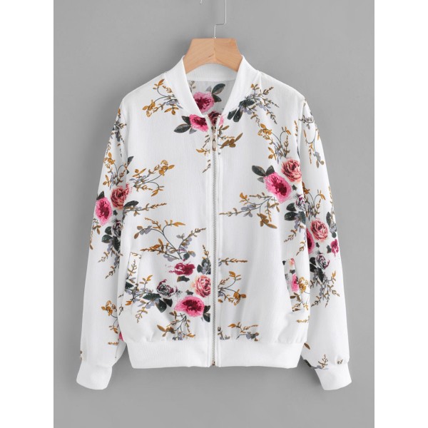 Zipper Floral Print Round Neck Jacket