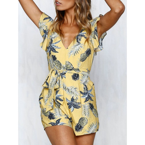 Falbala Lace-Up V-Neck Print Women's Rompers