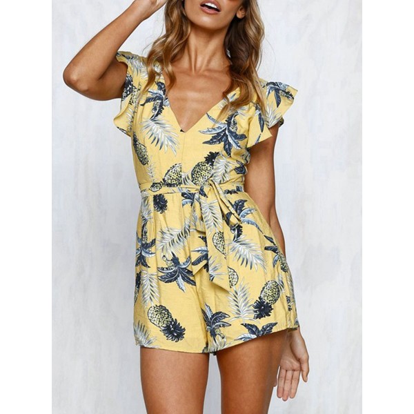 Falbala Lace-Up V-Neck Print Women's Rompers