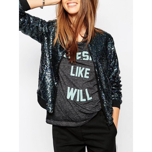 Sequins Zipper Pocket Stand Collar Women's Jacket