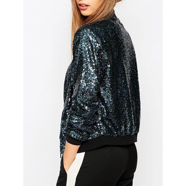 Sequins Zipper Pocket Stand Collar Women's Jacket