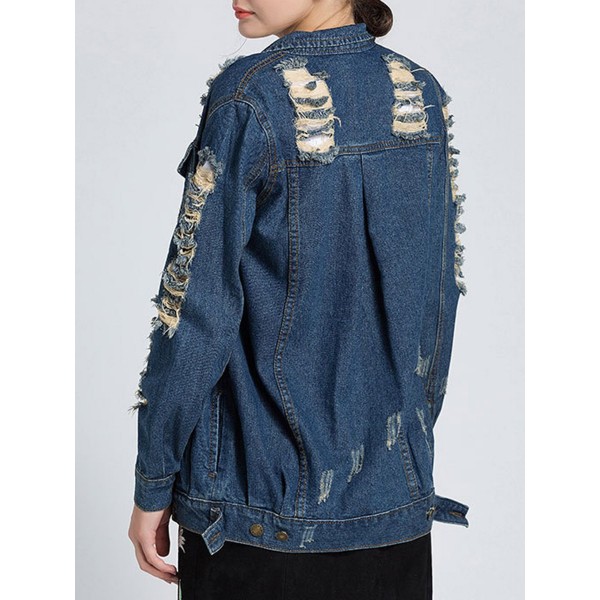 Button Denim Lapel Worn Women's Jacket