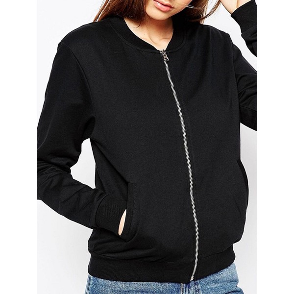 Simple Pocket Plain Round Neck Zipper Women's Jacket