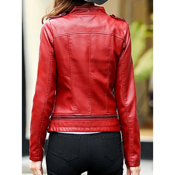 Slim Plain Lapel Buckle Women's PU Jacket