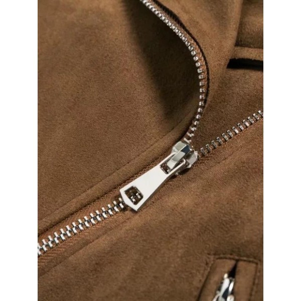 Zipper Lapel Short Belted Women's PU Jacket