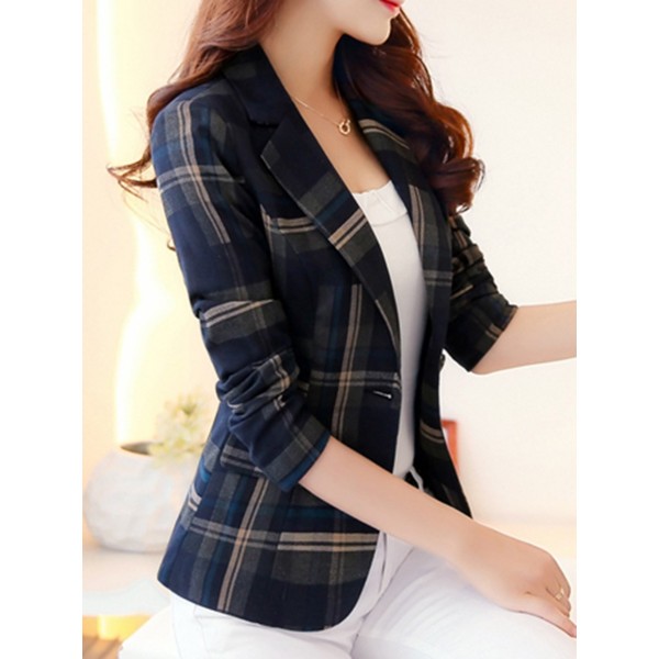 Plaid Pocket Slim Button Women's Blazer