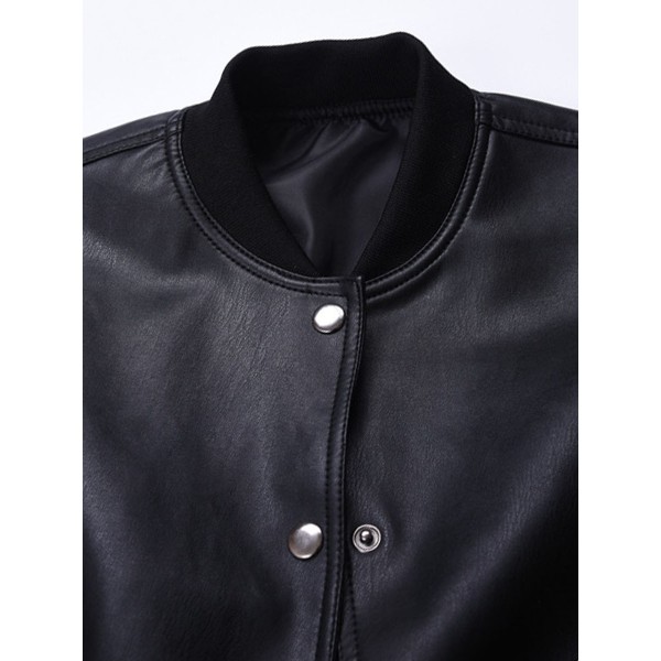 Plain Stand Collar Women's PU Jacket