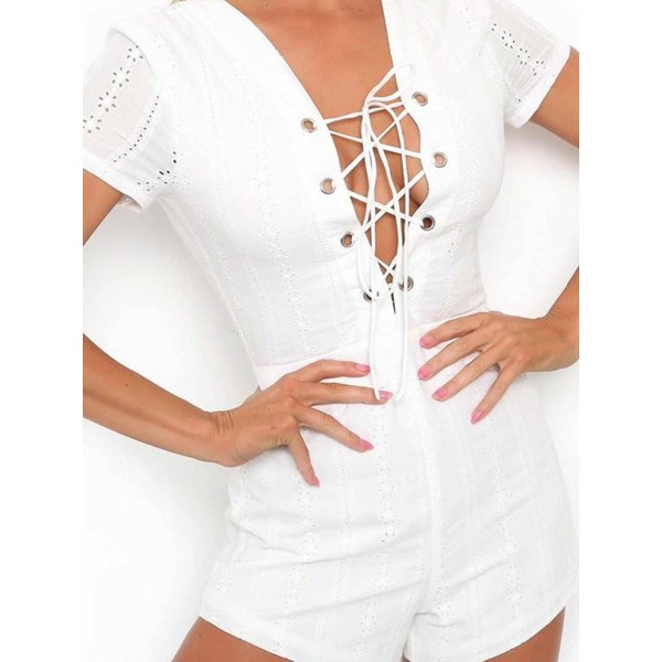 Lace-Up Plain Buckle Women's Rompers