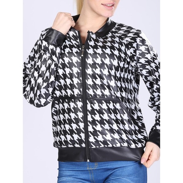 Houndstooth Zipper Print Women's  Jacket