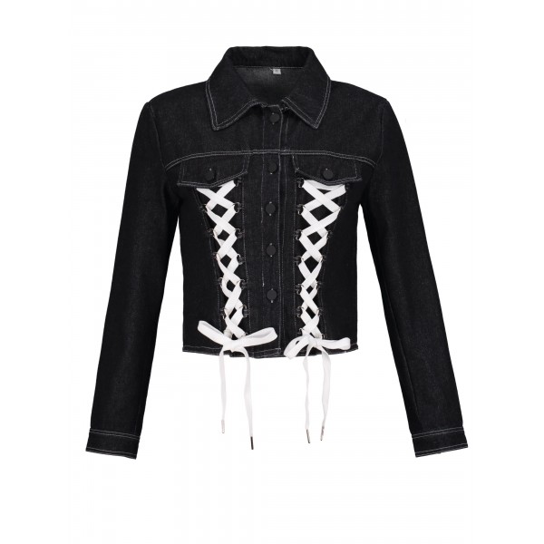 Denim Lace-Up Patchwork Pocket Women's Jacket