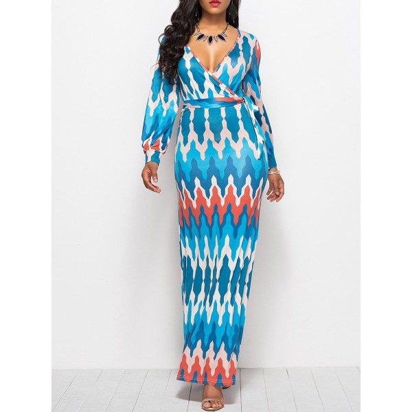 Color Block Geometric V-Neck Women's Maxi Dress