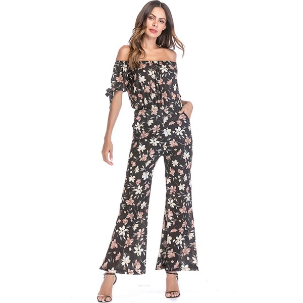 Strapless Boat Collar Floral Print Women's Jumpsuits