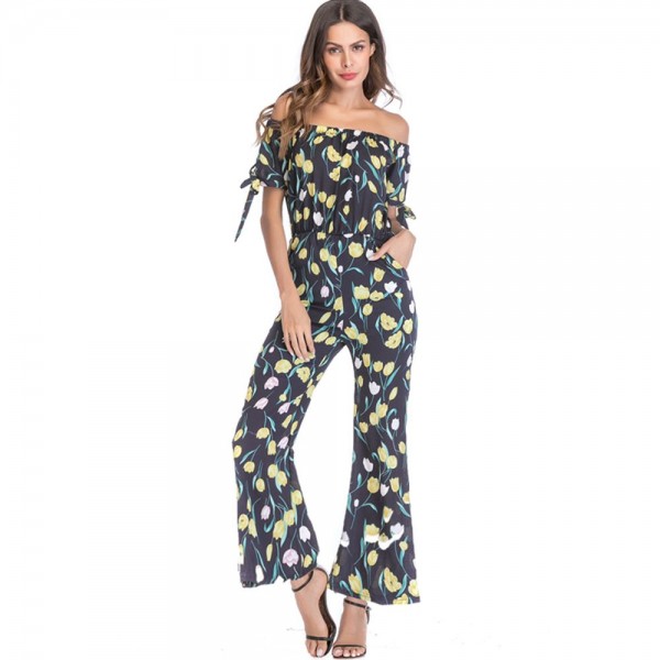 Strapless Boat Collar Floral Print Women's Jumpsuits