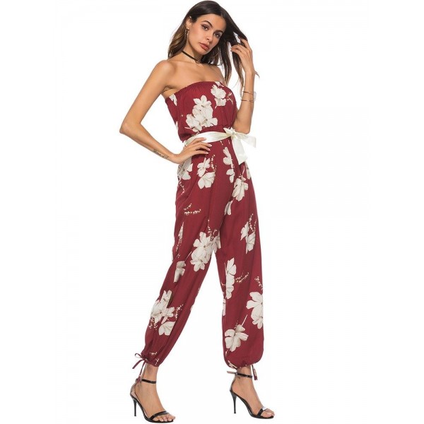 Floral Print Lace Up Backless Jumpsuits