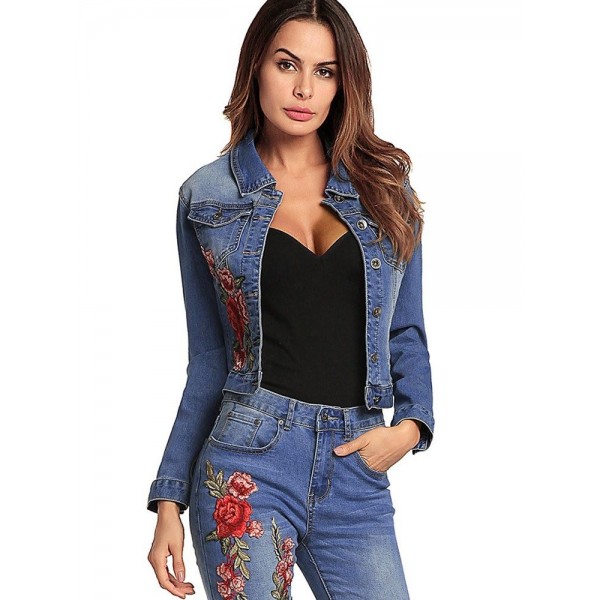 Fashion Floral Embroidery Women's Jeans Jacket