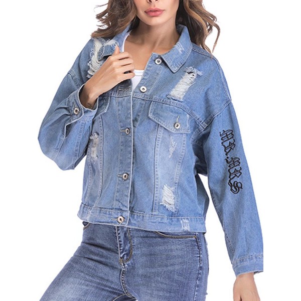 Loose Hole Alphabet Embroidery Women's Jeans Jacket