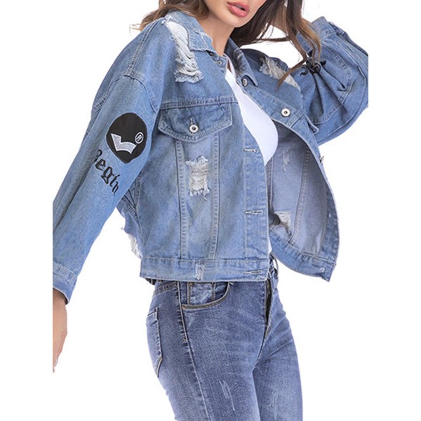 Loose Hole Alphabet Embroidery Women's Jeans Jacket