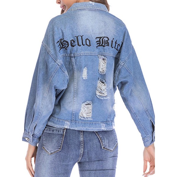 Loose Hole Alphabet Embroidery Women's Jeans Jacket