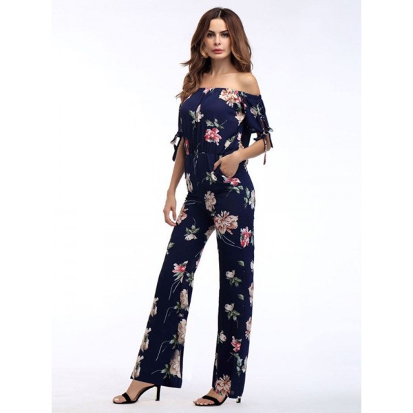 Off-the-Shoulder Floral Bellbottoms Women's Jumpsuits