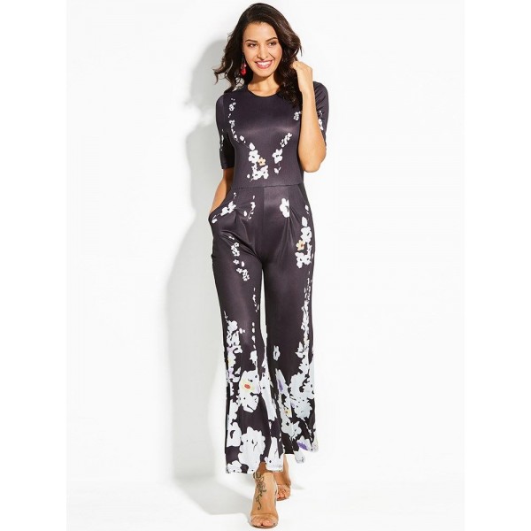 Floral Print Wide Legs Women's Jumpsuit