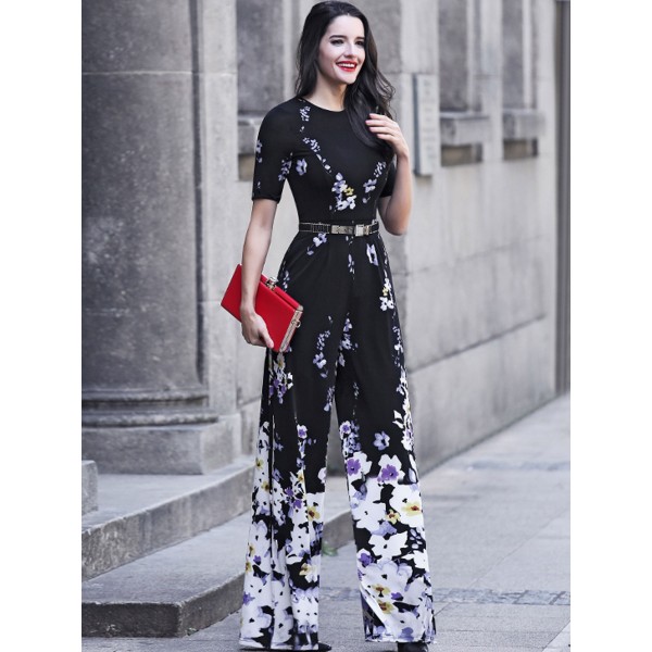 Floral Print Wide Legs Women's Jumpsuit