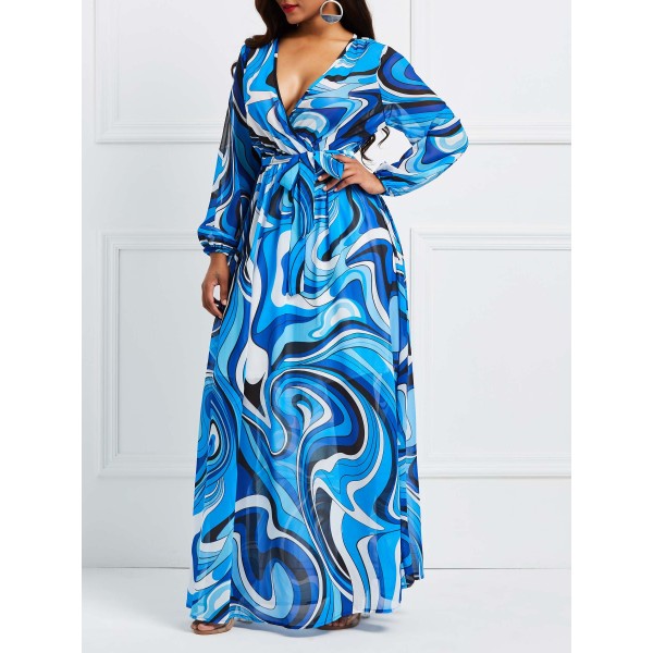 Floral Chiffon V-Neck Long Sleeve F Maxi Dress