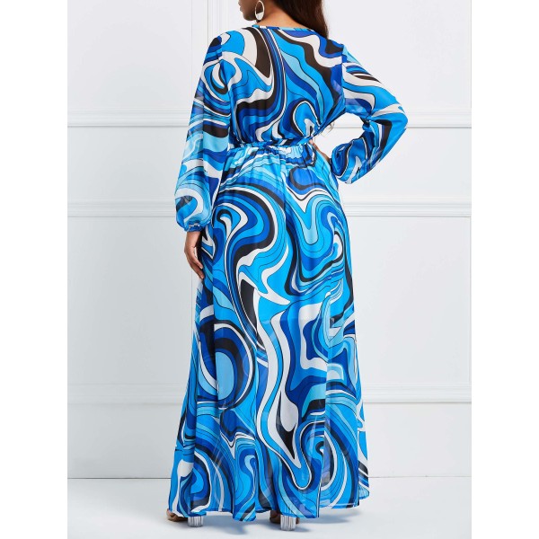 Floral Chiffon V-Neck Long Sleeve F Maxi Dress