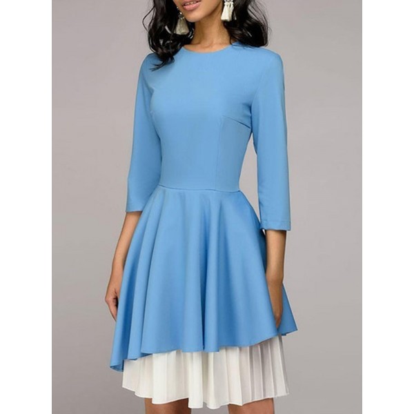 Retro Three Quarter Sleeve Irregular Contrast Color Skater Dress