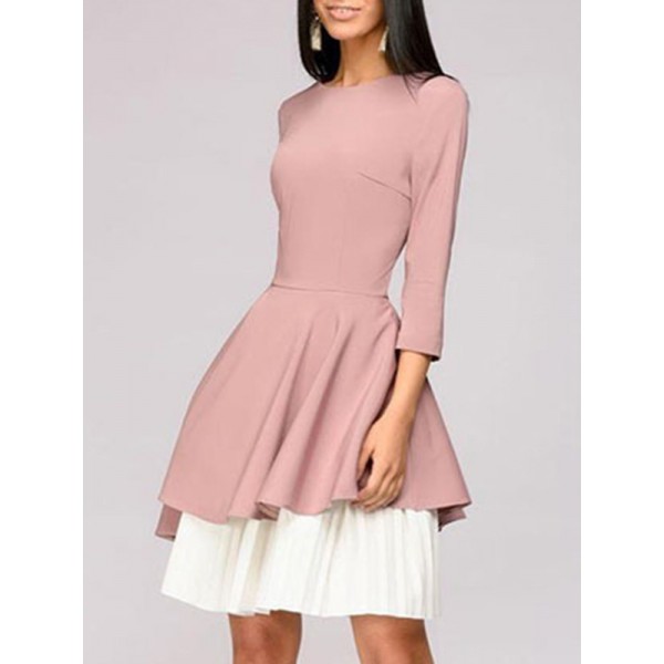 Retro Three Quarter Sleeve Irregular Contrast Color Skater Dress