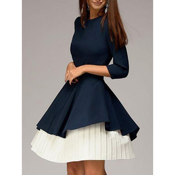 Retro Three Quarter Sleeve Irregular Contrast Color Skater Dress