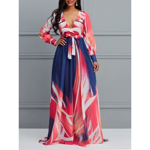Amazing Contrast Color V-Neck Long Sleeve Maxi Dress