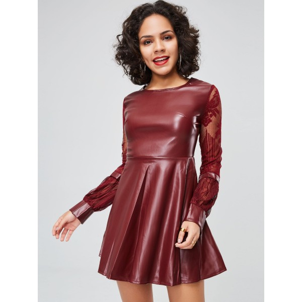 Lantern Sleeve Leather Lace Day Dress