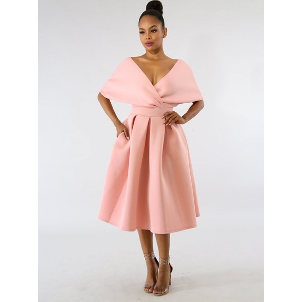 Fashion Midi Pleated V-Neck Maxi Dress