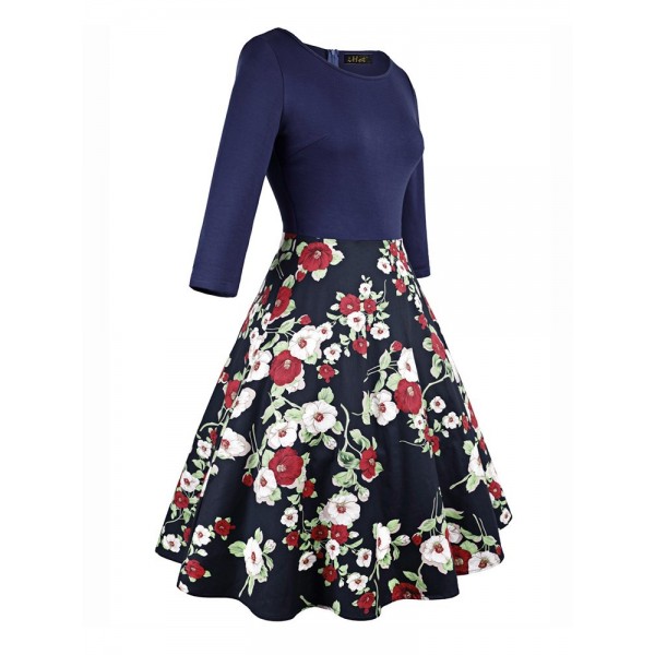 Floral Vintage Round Neck Zipper Skater Dress