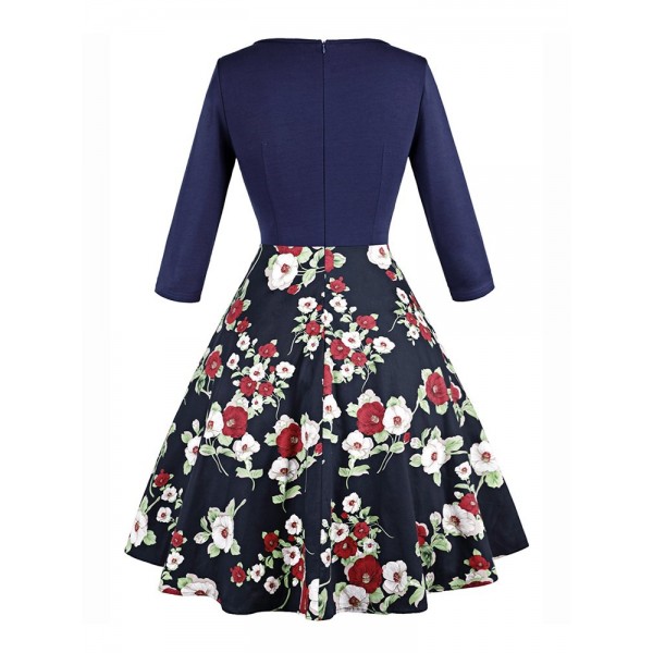 Floral Vintage Round Neck Zipper Skater Dress