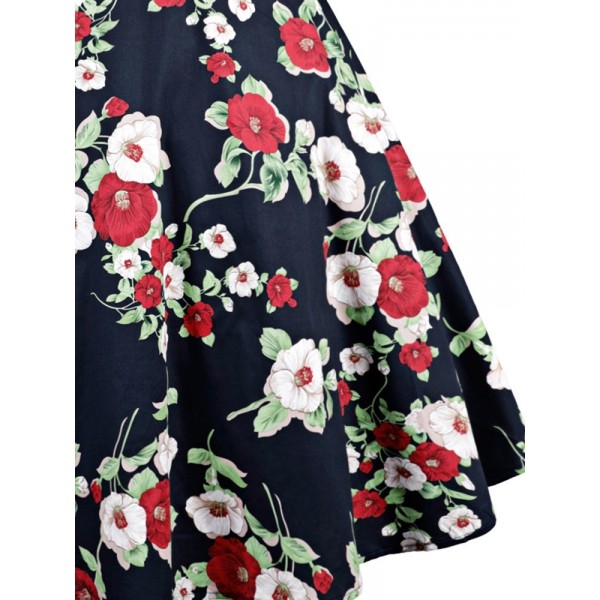 Floral Vintage Round Neck Zipper Skater Dress