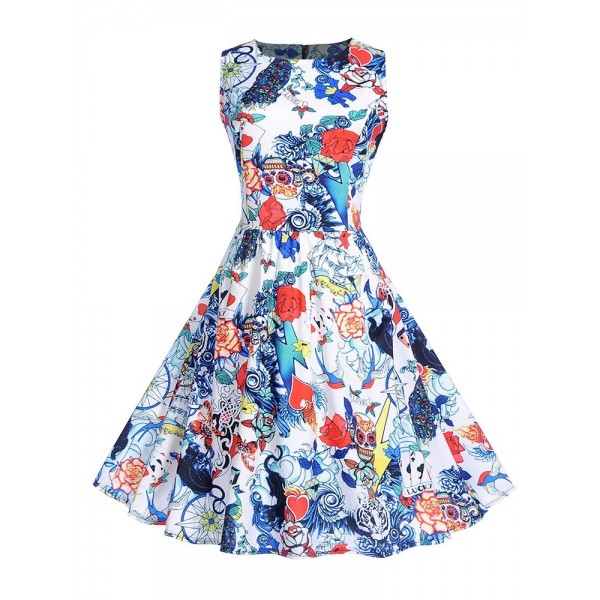 Vintage Floral Zipper Women's A Line Dress