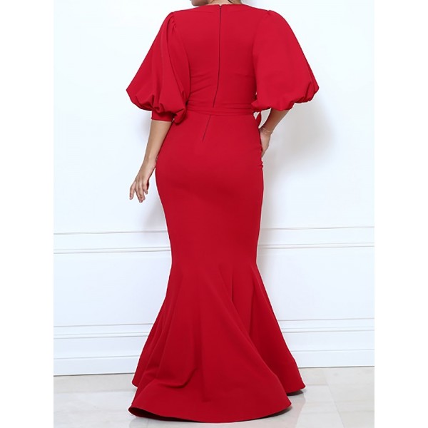 Red Lantern Sleeve Lace-Up Maxi Dress