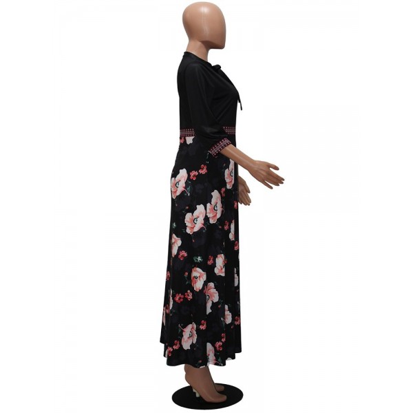 Floral Bow-knot Collar High Waist Strappy Maxi Dress