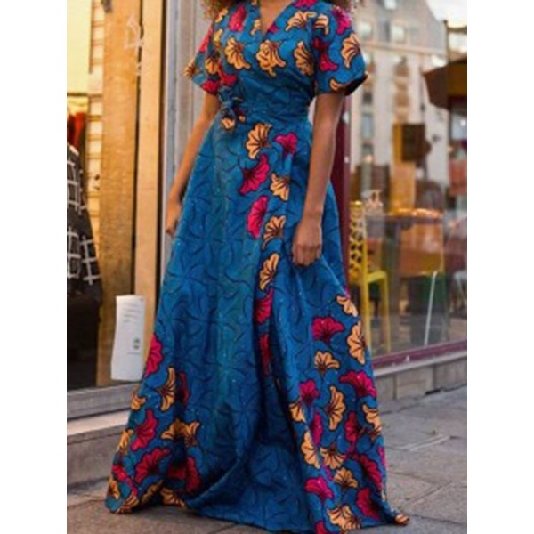 Floral Short Sleeve V-Neck Women's Maxi Dress